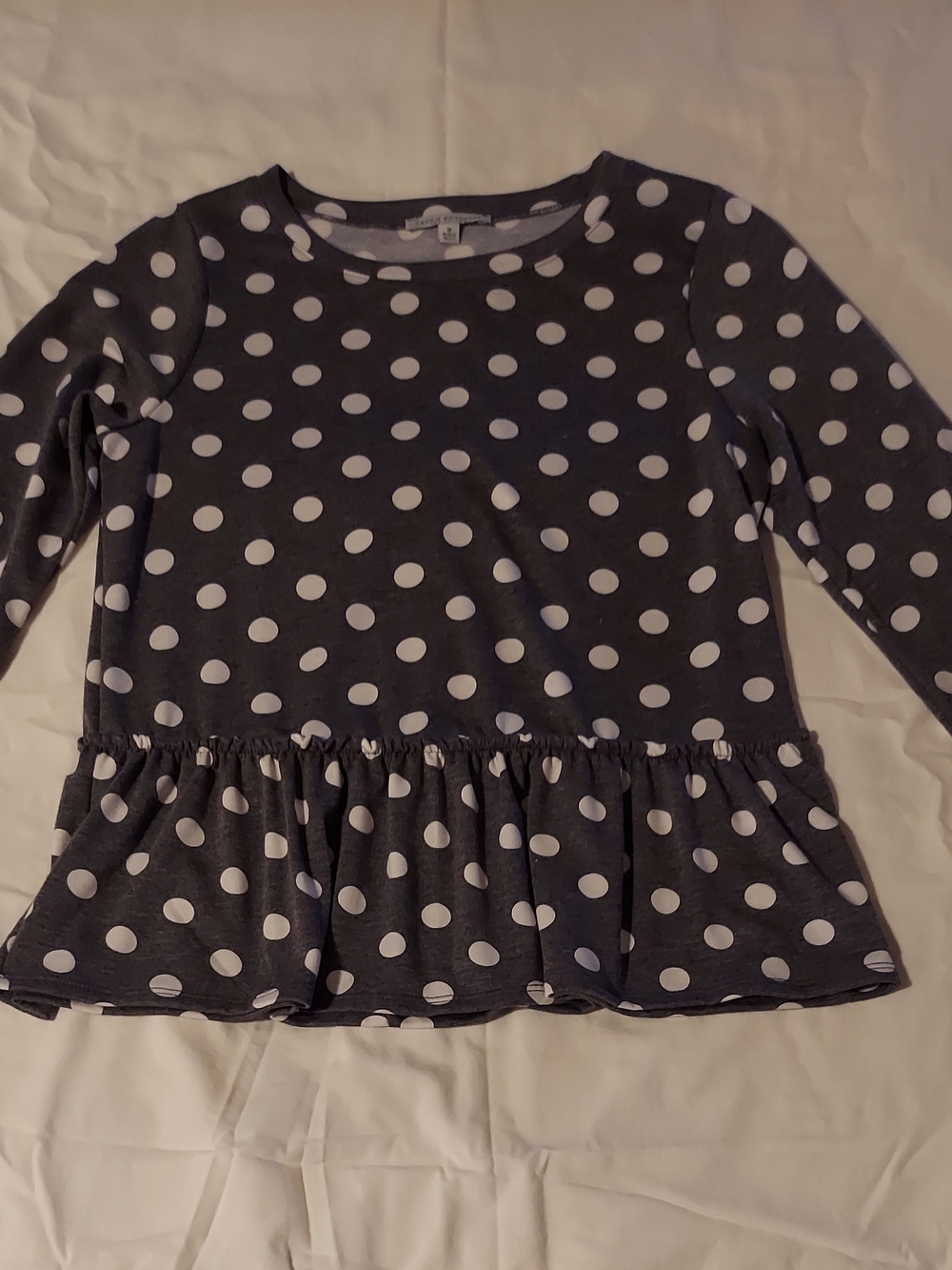 Green Envelope - Polka Dot Peplum Long Sleeve Top - Gray & White